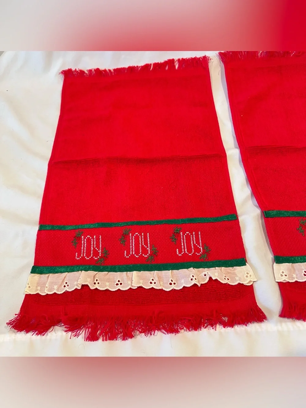 Vintage Christmas JOY Hand Towels Set Red Holiday Decor